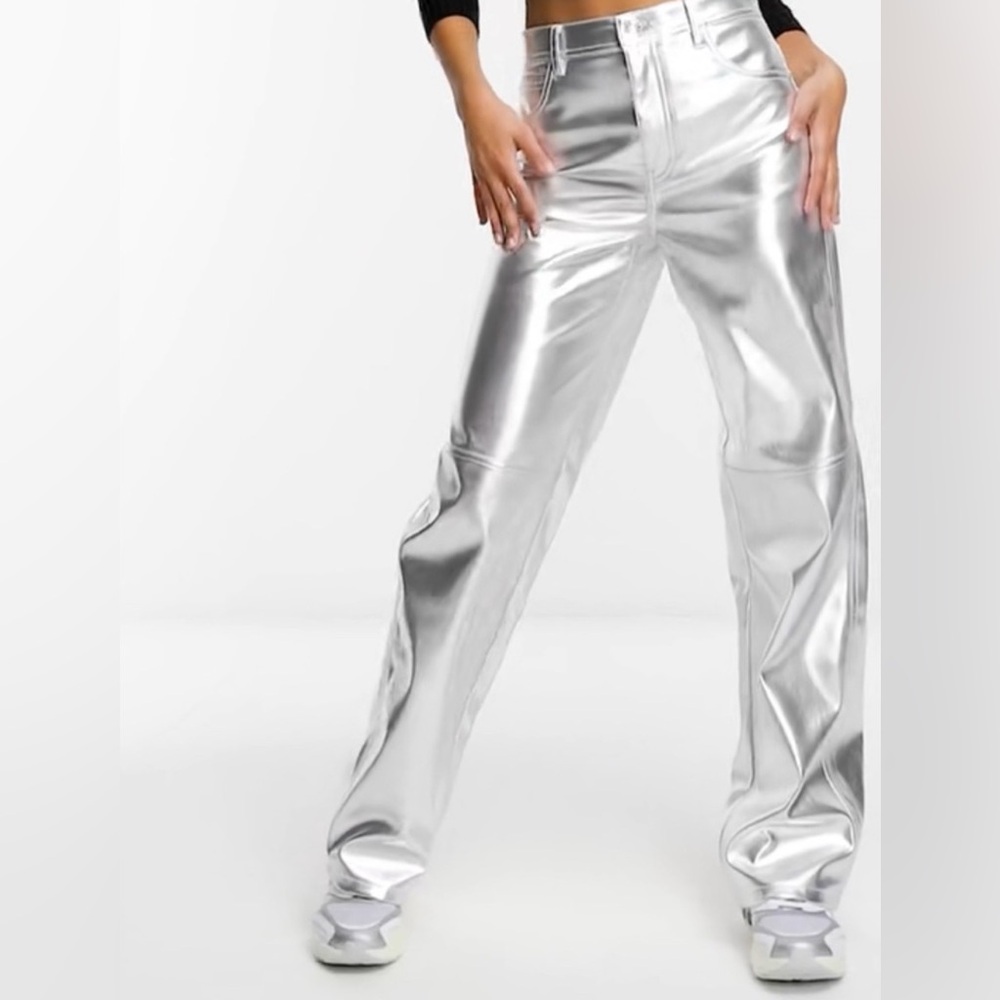 Bershka straight leg faux leather pants in silver.